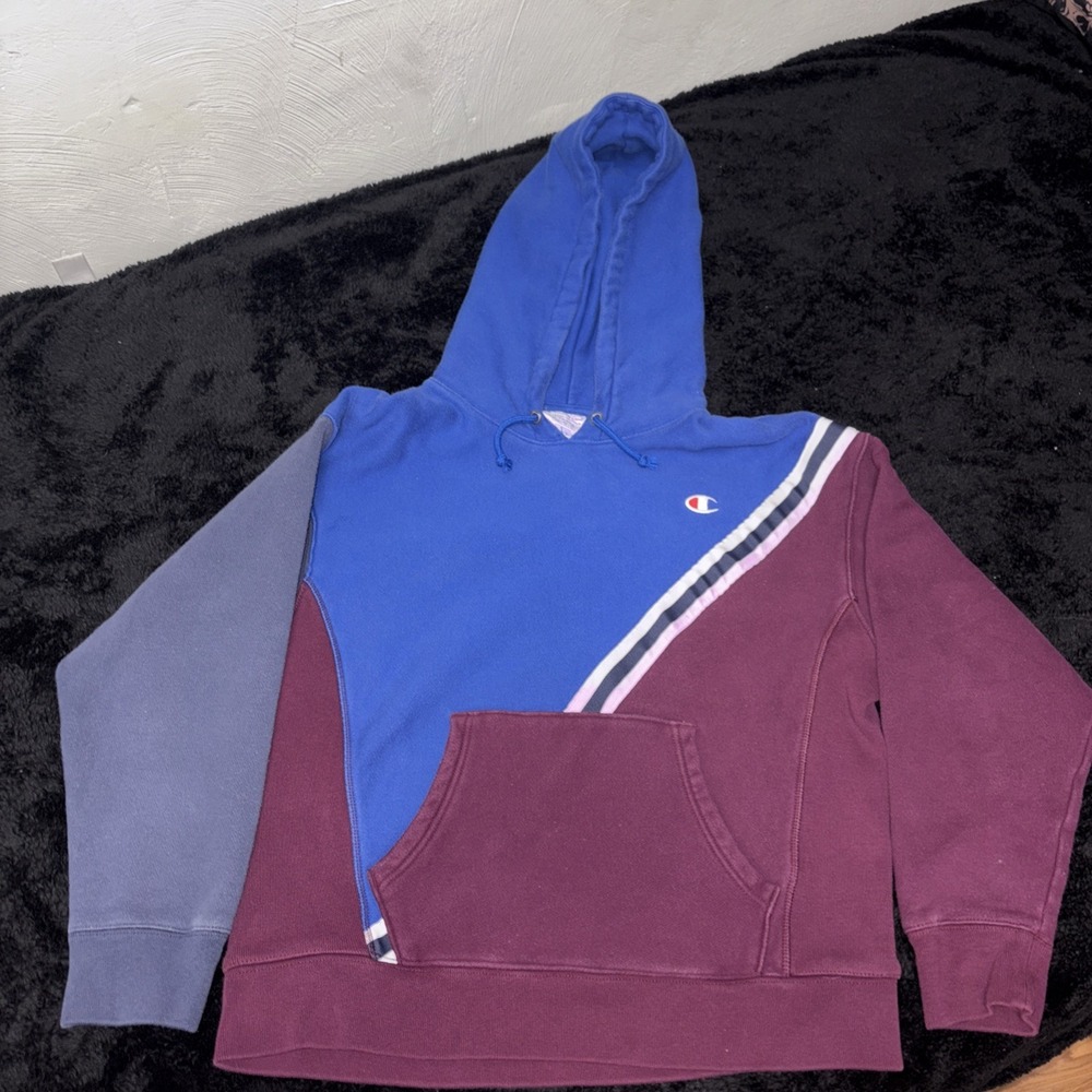 Vintage Champion Sweater Mens XL Blue‎ Maroon Color Block Reverse Weave Hoodie